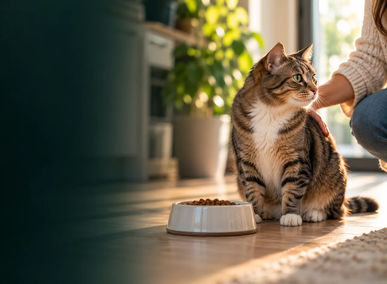 A tabby and white cat sitting beside a full food bowl as its owner strokes its back