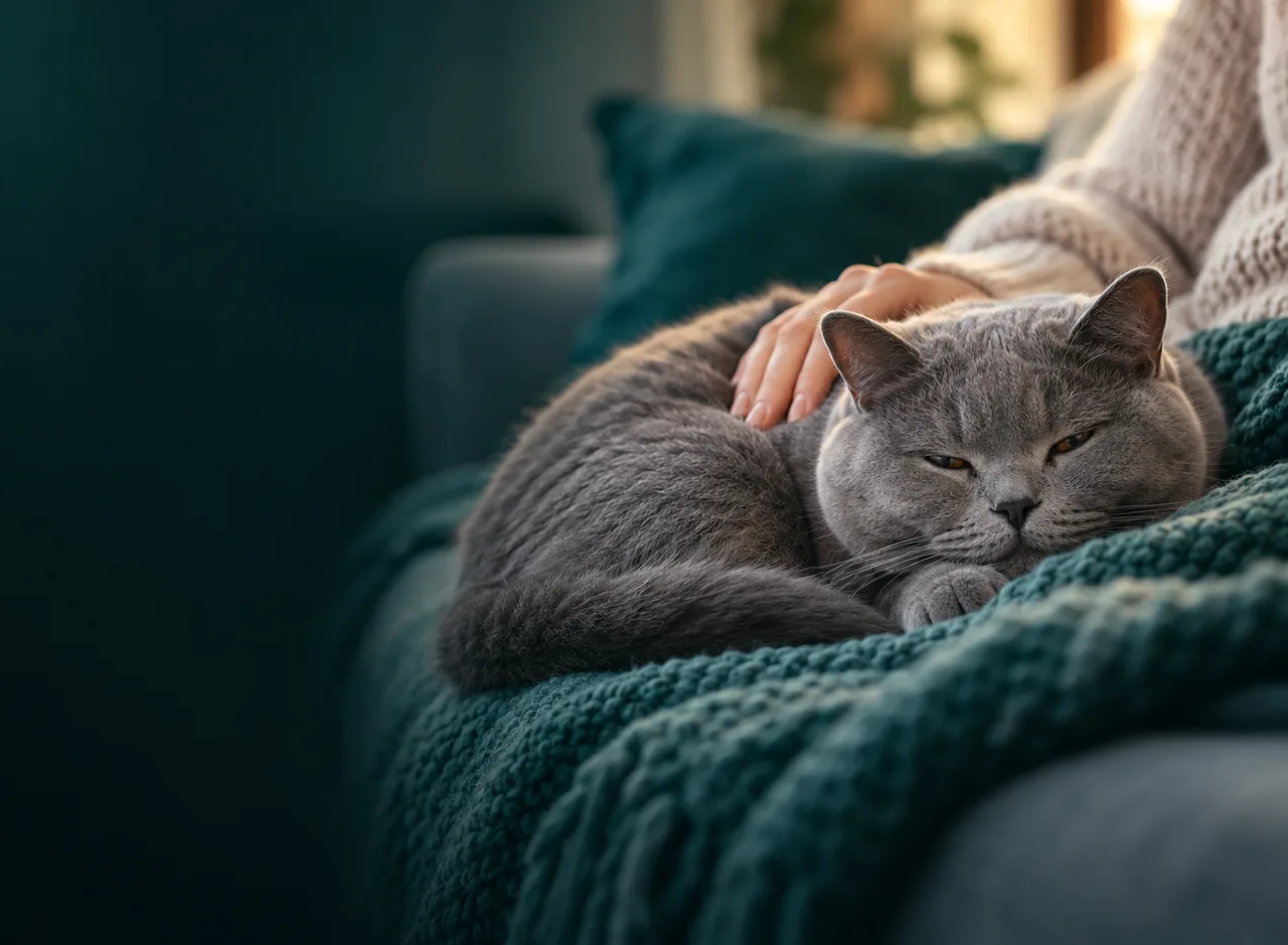 A grey cat curled up on a teal knitted blanket while a hand strokes its back