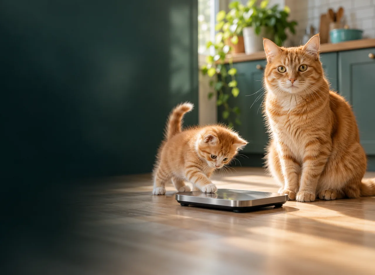A ginger kitten stepping onto a kitchen scale beside a larger ginger cat sitting on a wooden floor