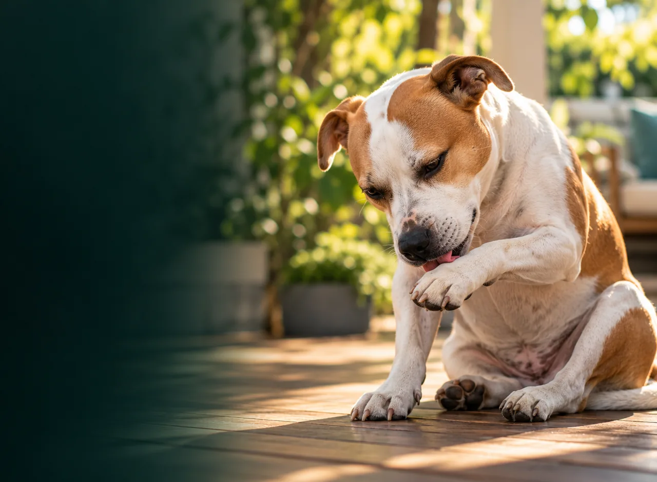 A tan and white dog sitting on a sunny deck, lifting a front paw up to its mouth