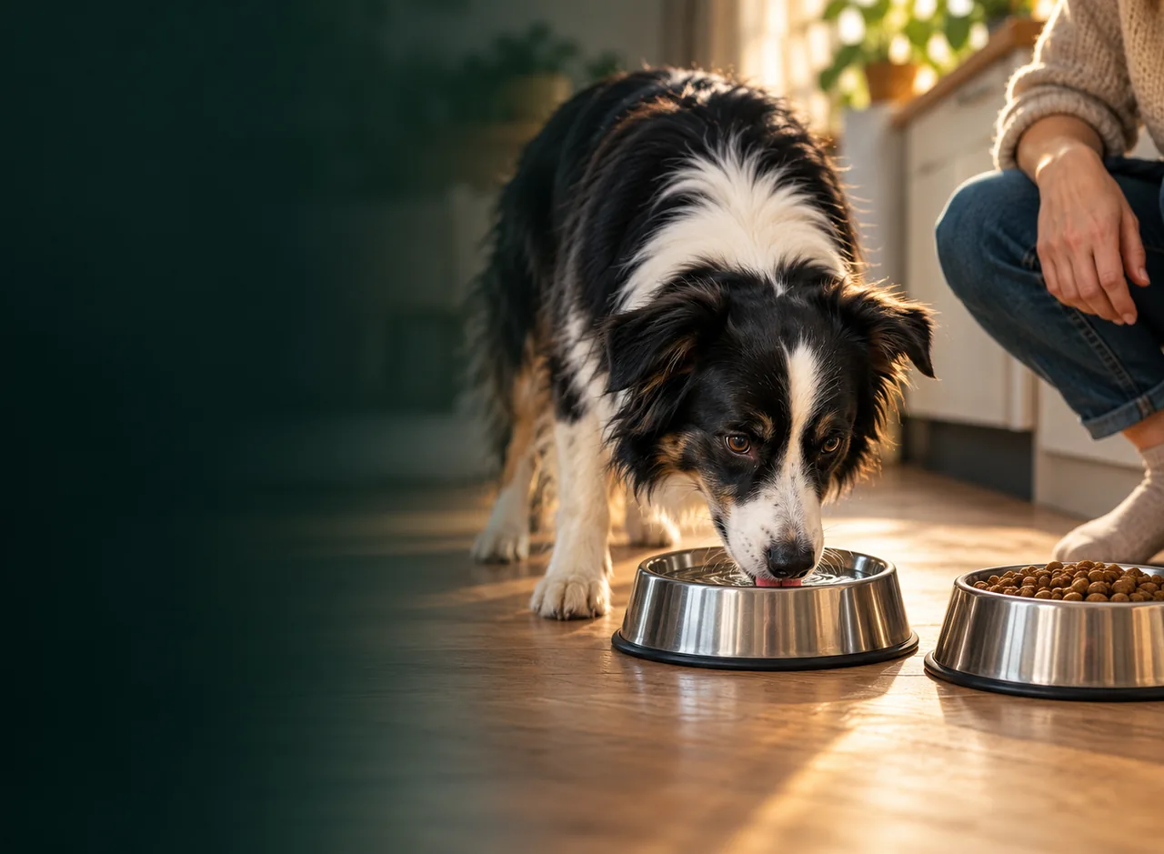 A black and white dog drinking from a steel water bowl next to a full bowl of dry food