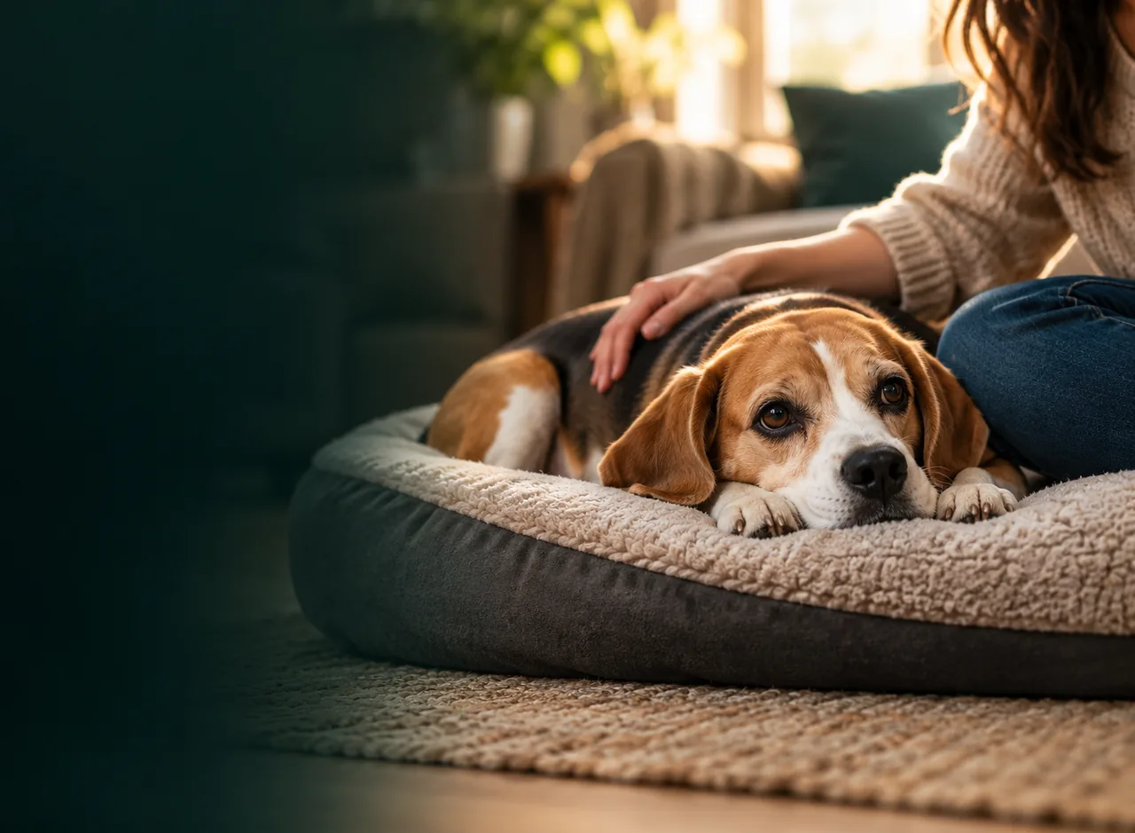 A beagle lying in a soft pet bed with its owner's hand resting gently on its back