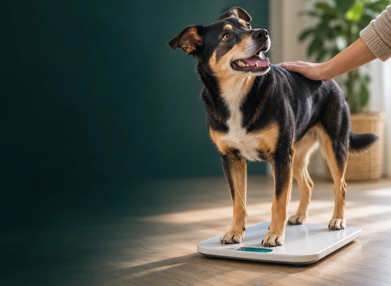 A black and tan dog standing on a bathroom scale on a wooden floor, looking up as a hand rests on its back