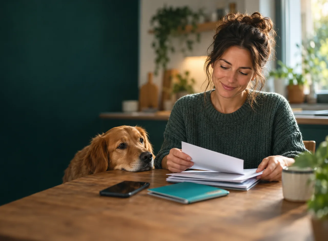 A woman smiling as she sorts paperwork at a kitchen table while a golden dog rests its chin on the edge