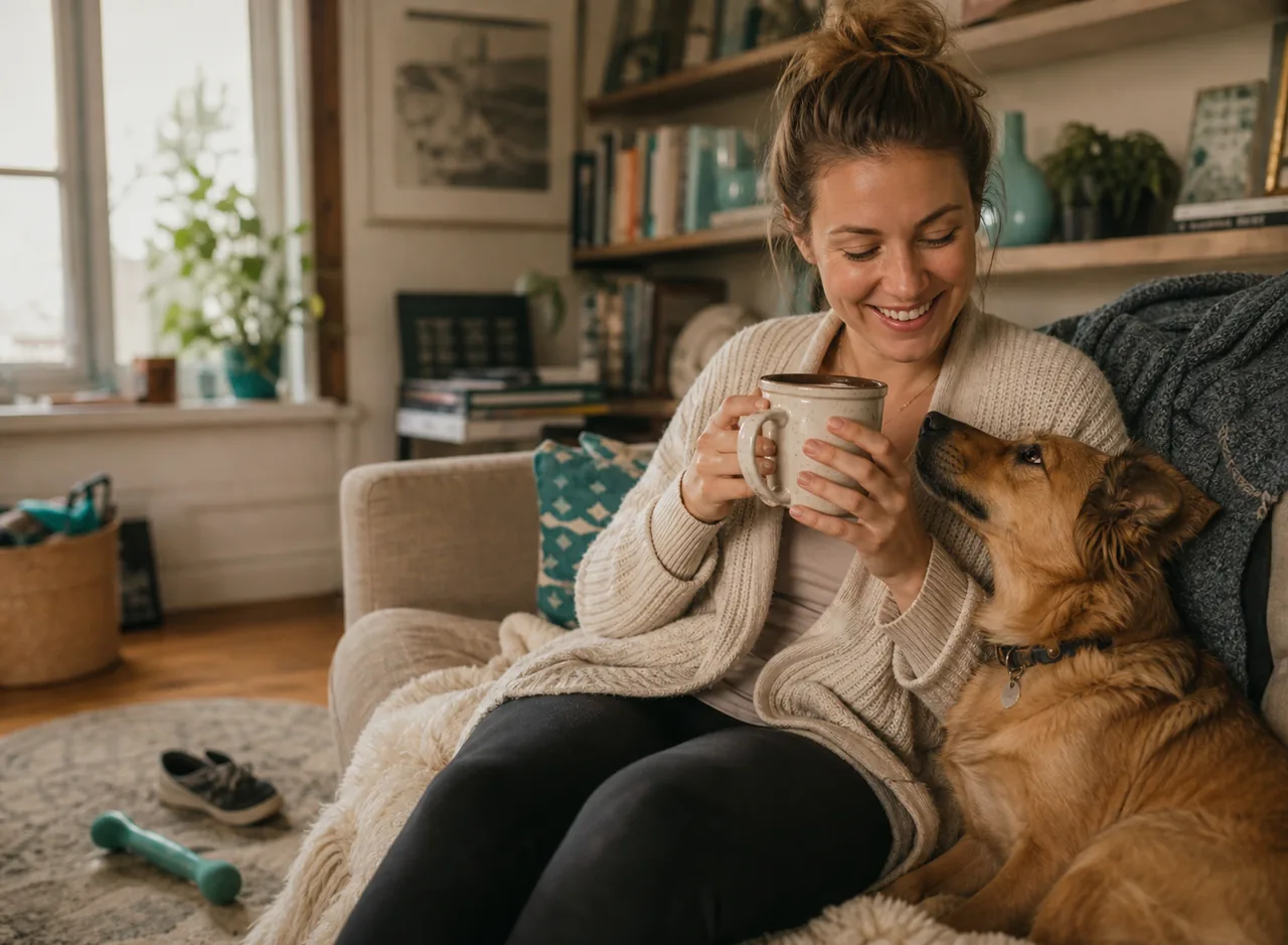 A person sitting on a sofa at home with a cat, looking relaxed and unhurried