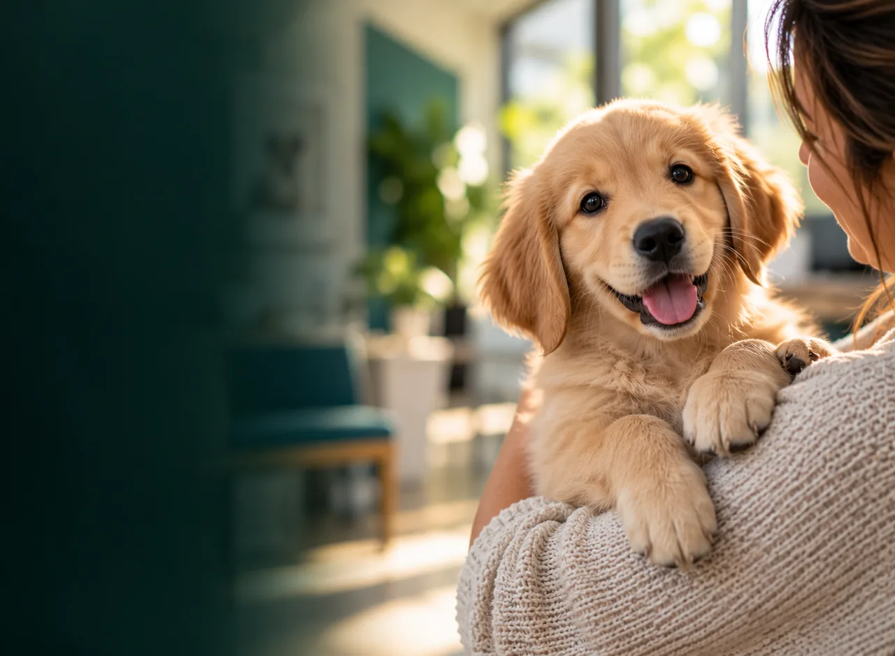 A happy golden puppy held over its owner's shoulder in a bright room