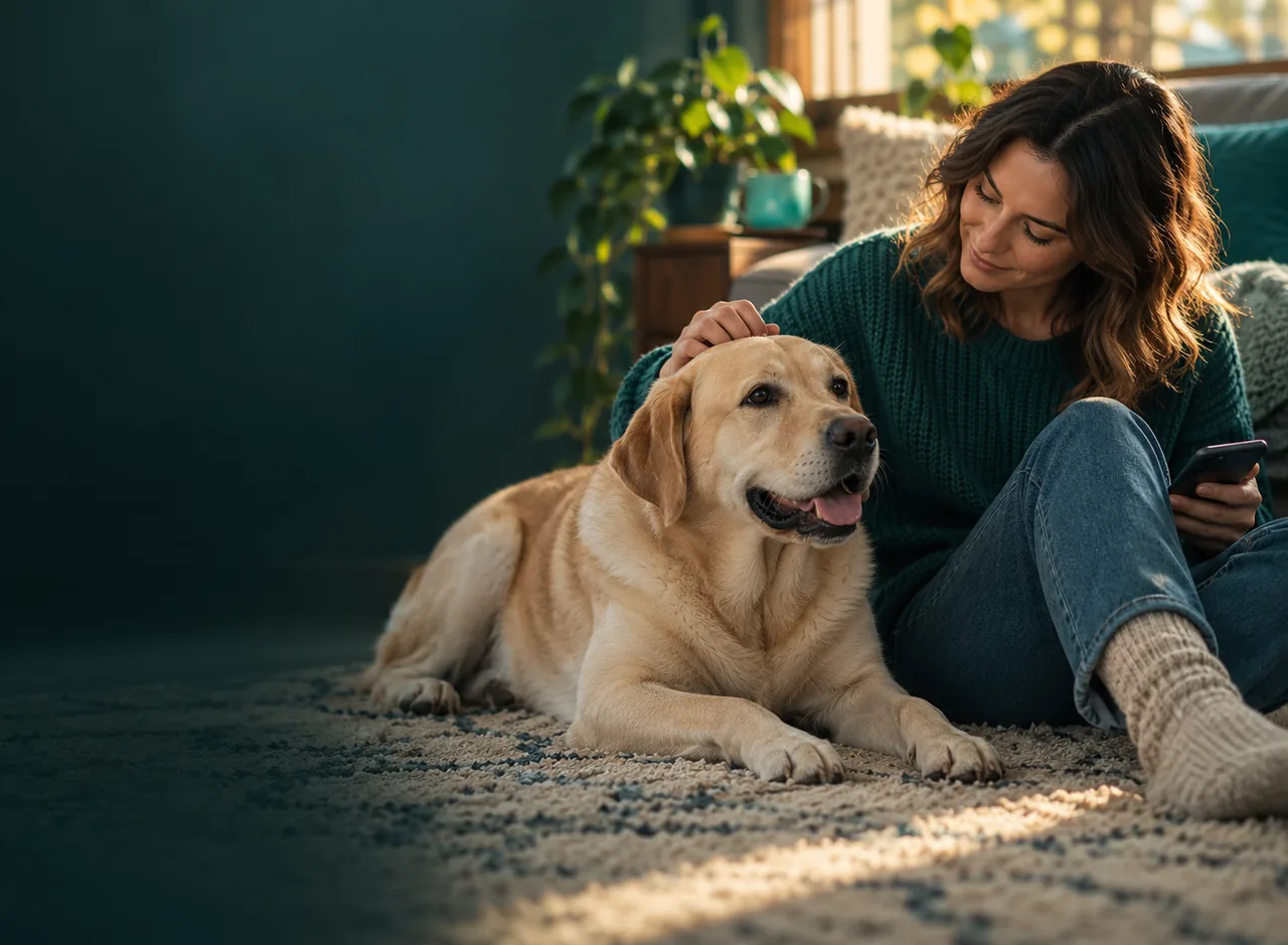 A woman sitting on a rug at home with her hand on a relaxed golden dog, holding her phone in the other hand