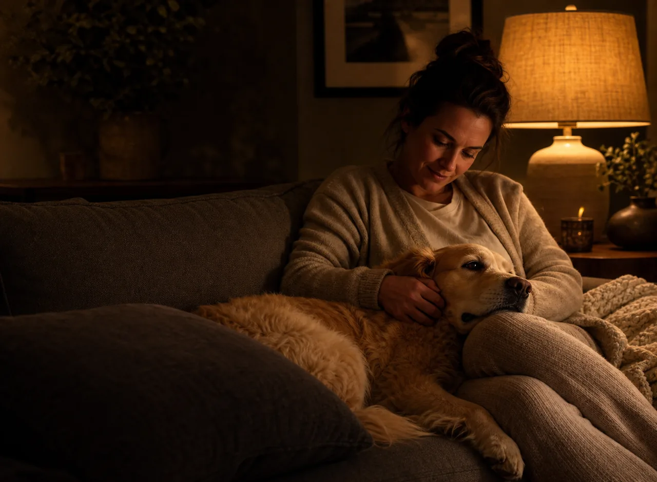 A person sitting quietly with their dog on the floor, looking thoughtful